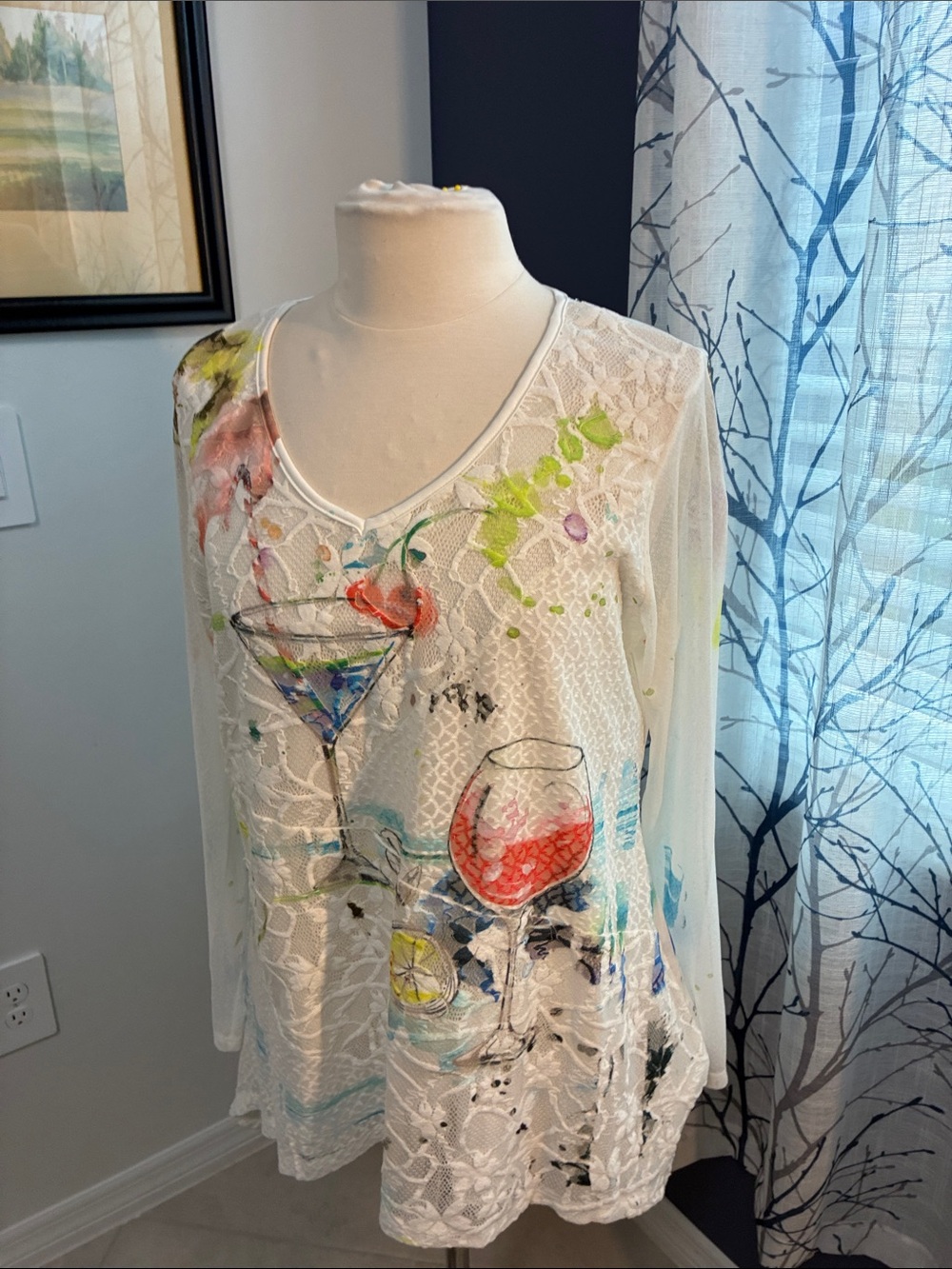 Impulse California White Lace V-Neck Top with Colorful Cocktail Print